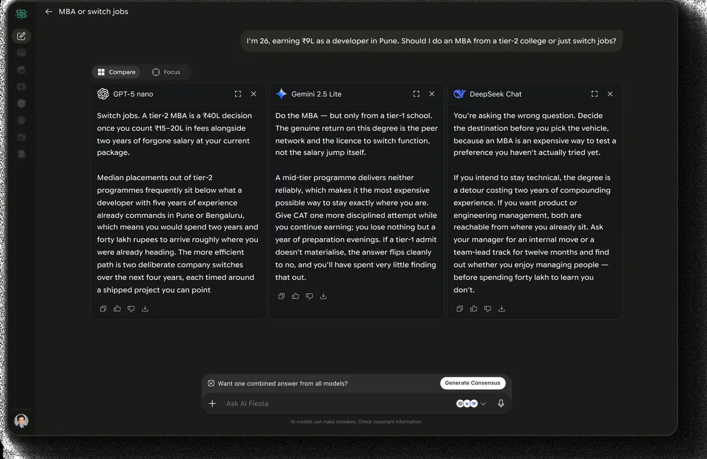 Compare Mode answering one prompt with several models side by side