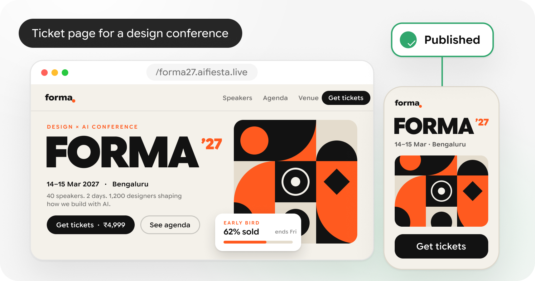 AI Website Builder: conference ticket page on desktop and mobile
